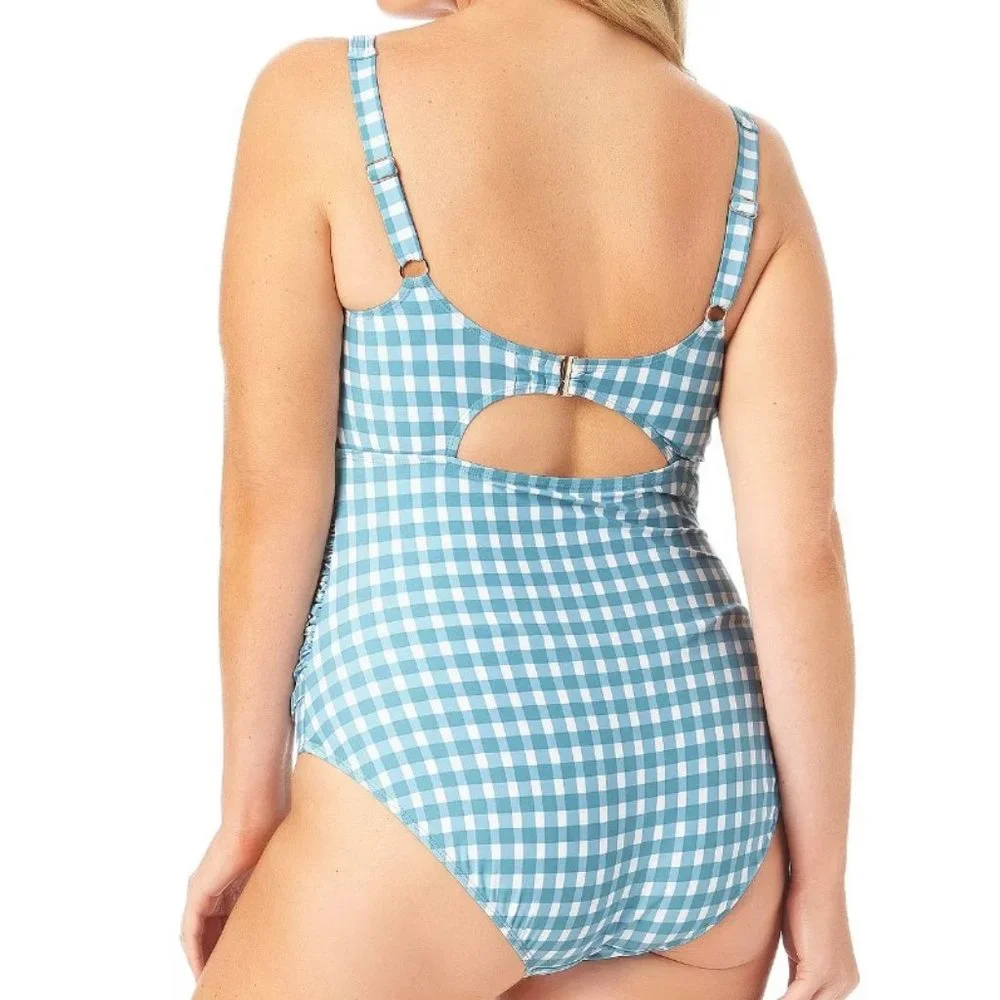 Anne Cole Plus Size Checked Shirred One-Piece Swimsuit